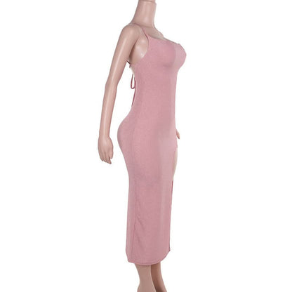 Cross back self tie slit square neck cami midi dress