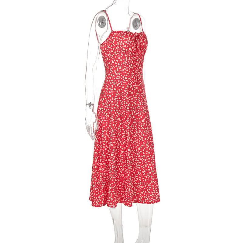 Square neck flower print slit cami midi dress