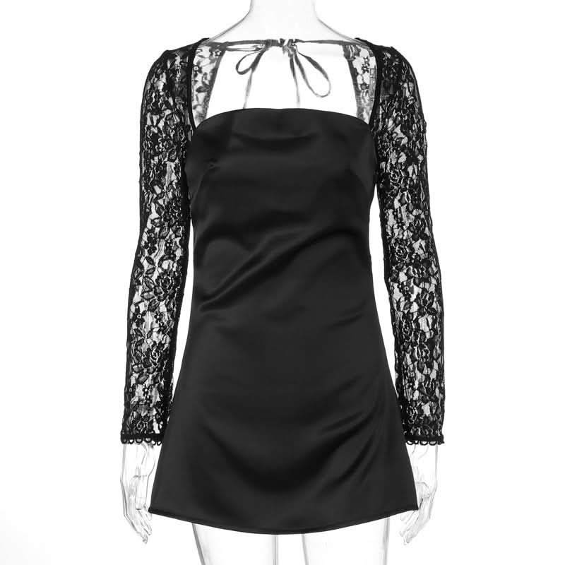 Long sleeve lace square neck self tie satin mini dress