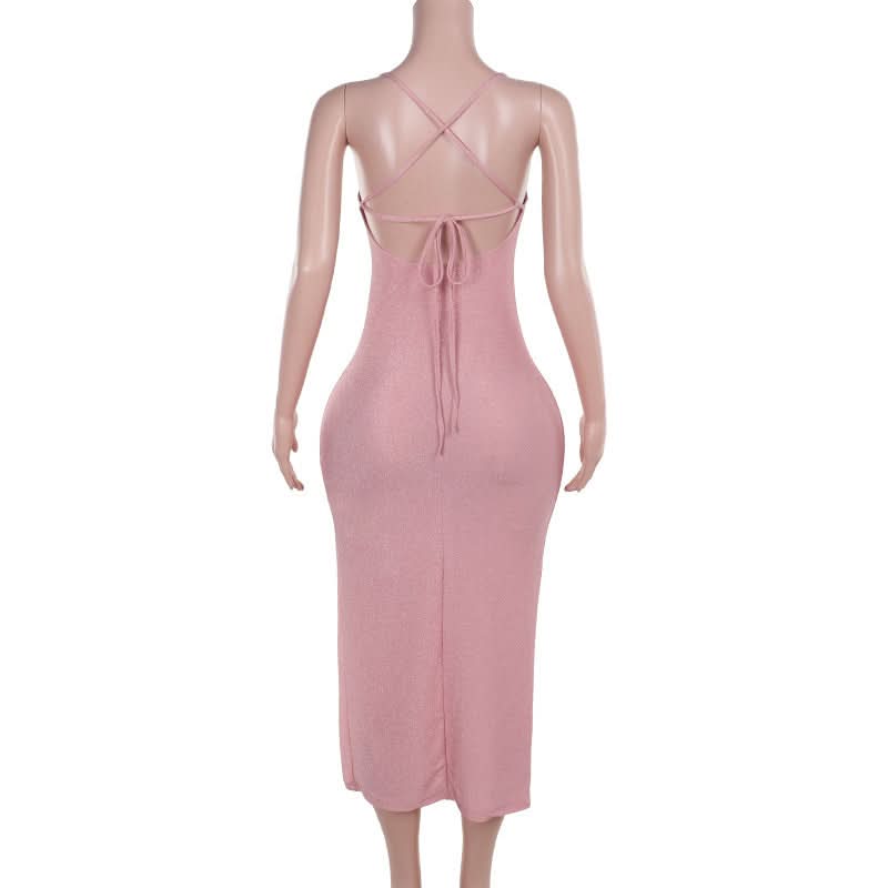 Cross back self tie slit square neck cami midi dress