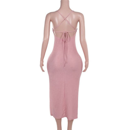 Cross back self tie slit square neck cami midi dress