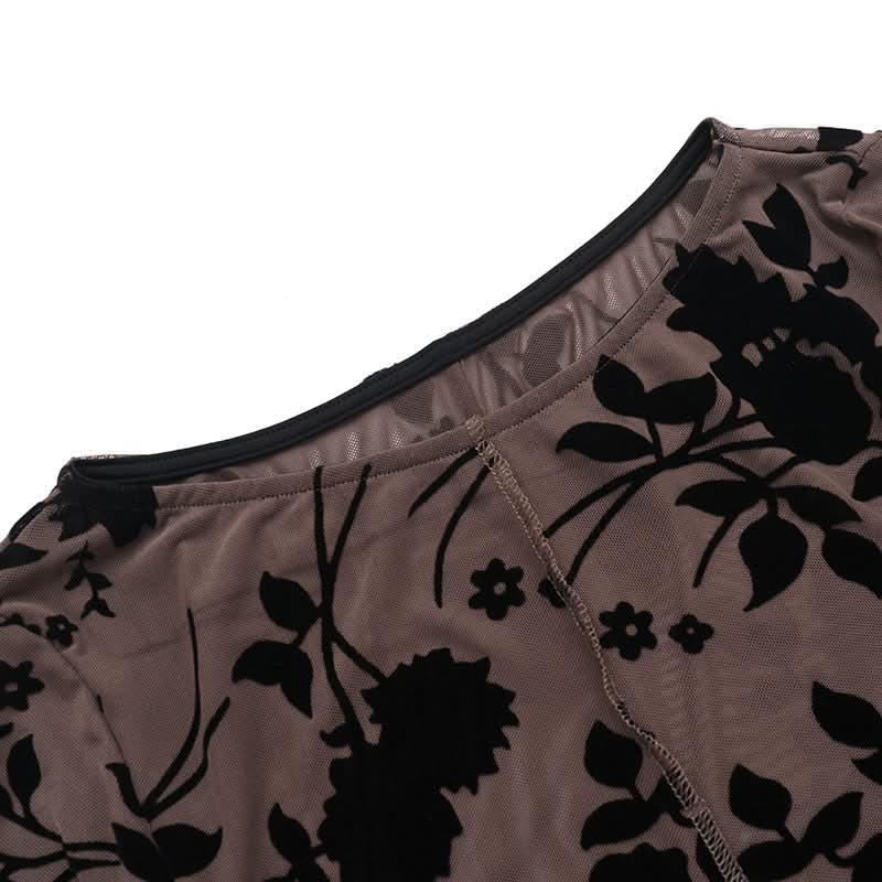 Long sleeve ruffle mesh stitch flower print top