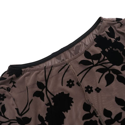 Long sleeve ruffle mesh stitch flower print top