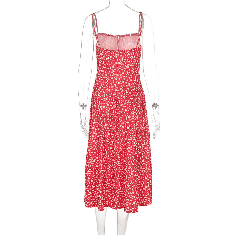Square neck flower print slit cami midi dress