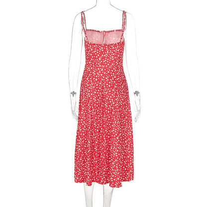 Square neck flower print slit cami midi dress