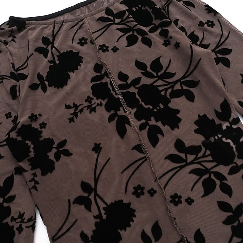 Long sleeve ruffle mesh stitch flower print top