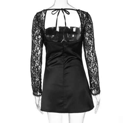 Long sleeve lace square neck self tie satin mini dress