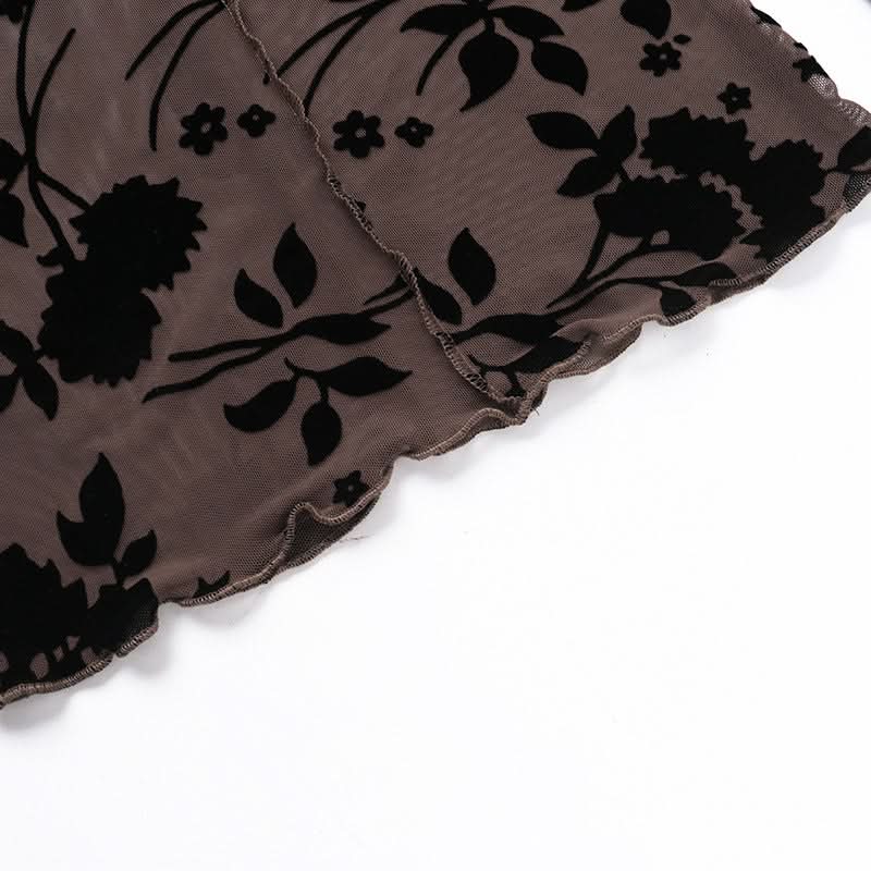 Long sleeve ruffle mesh stitch flower print top