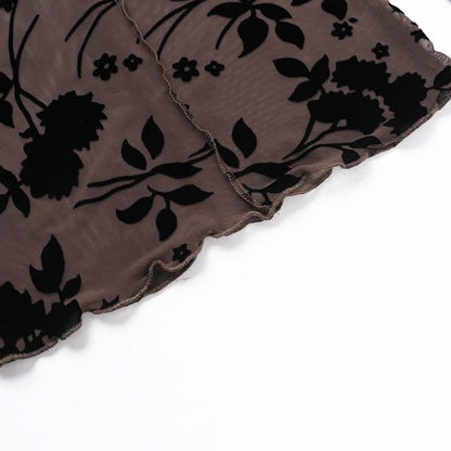 Long sleeve ruffle mesh stitch flower print top