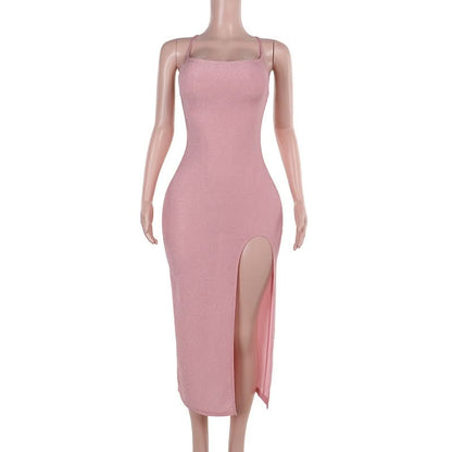 Cross back self tie slit square neck cami midi dress