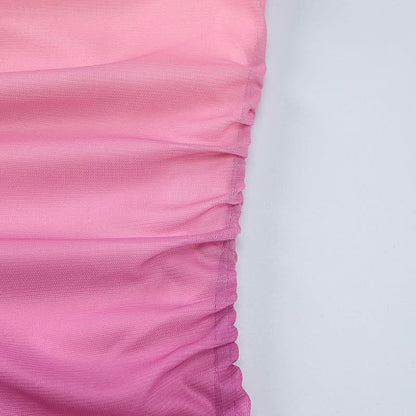 Gradient mesh ruched backless tube midi dress