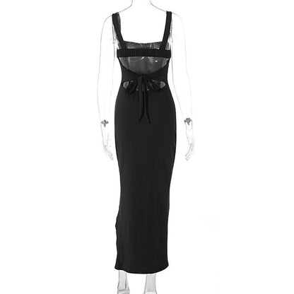 Slit square neck irregular self tie ruched midi dress