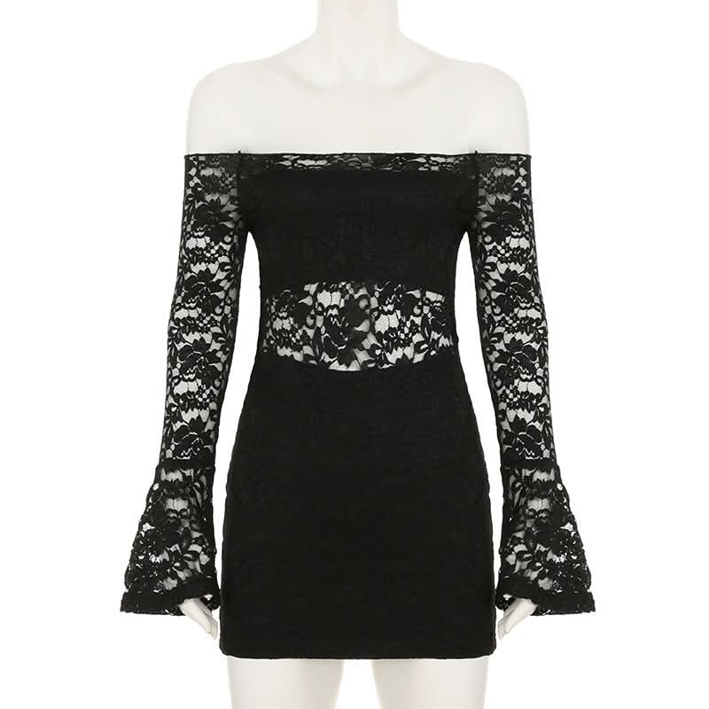 Long flared sleeve lace off shoulder solid mini dress