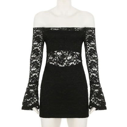 Long flared sleeve lace off shoulder solid mini dress