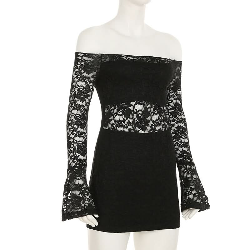 Long flared sleeve lace off shoulder solid mini dress