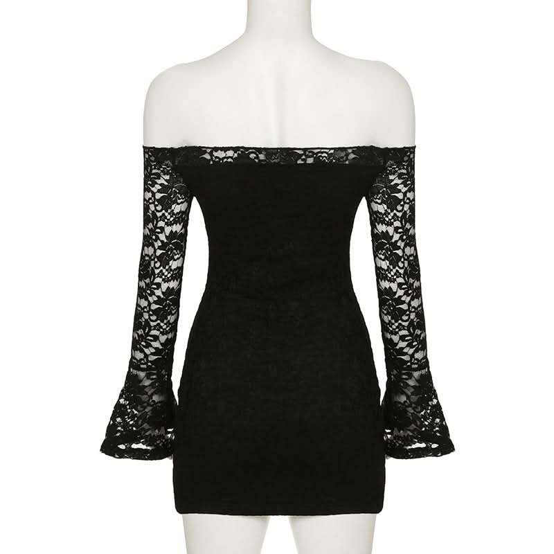 Long flared sleeve lace off shoulder solid mini dress