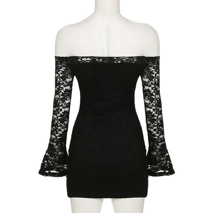 Long flared sleeve lace off shoulder solid mini dress