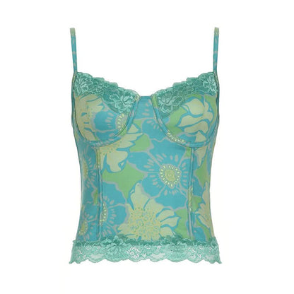 Lace hem flower print v neck backless cami top