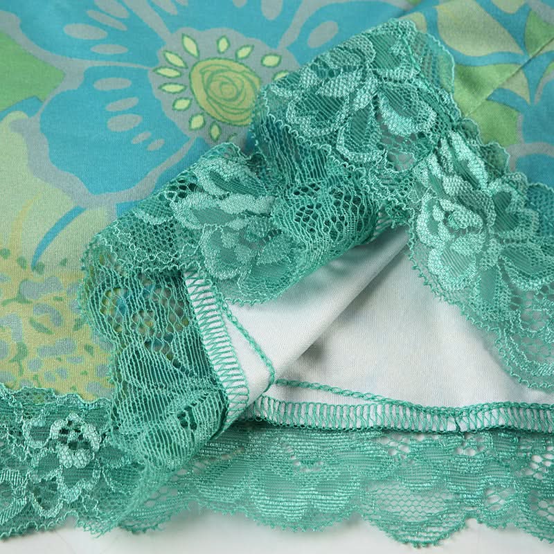 Lace hem flower print v neck backless cami top