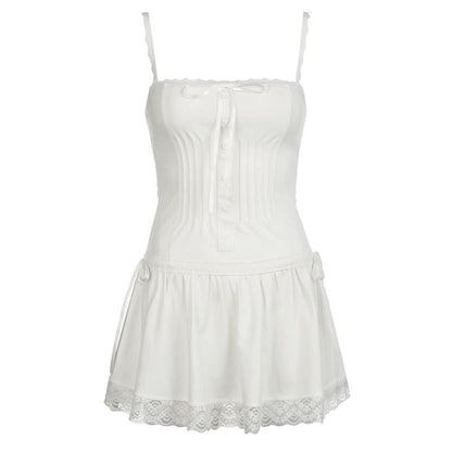 Square neck lace hem button zip-up cami mini dress