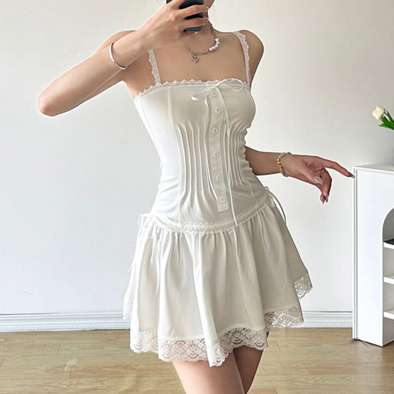 Square neck lace hem button zip-up cami mini dress