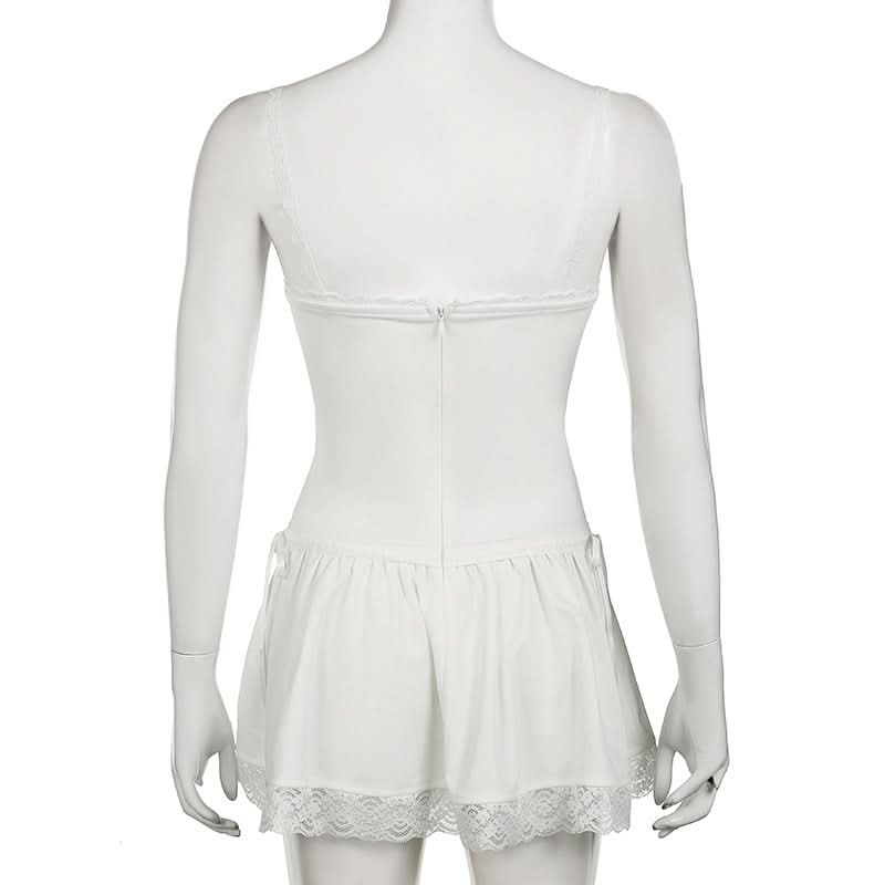 Square neck lace hem button zip-up cami mini dress