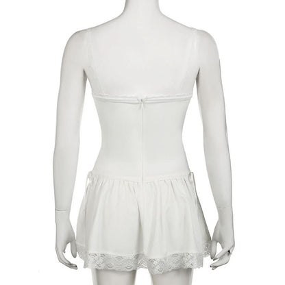 Square neck lace hem button zip-up cami mini dress