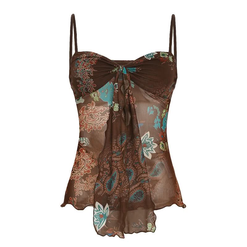 Ruffle v neck flower print mesh cami top