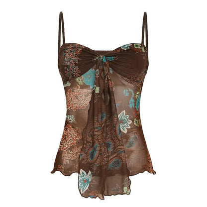 Ruffle v neck flower print mesh cami top