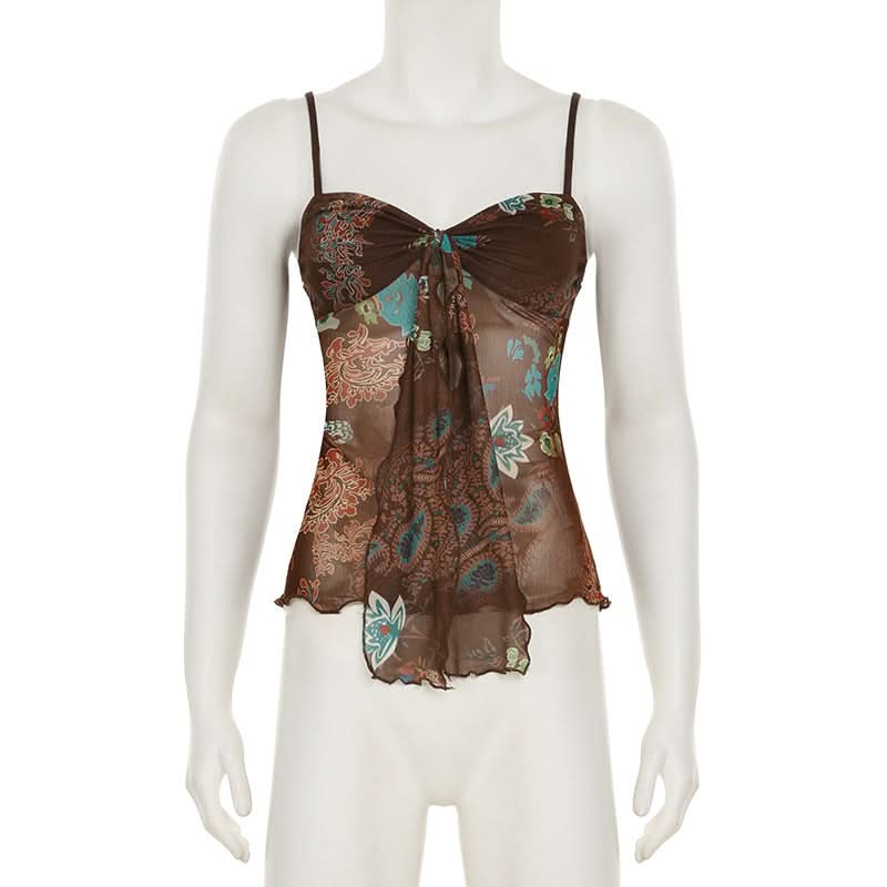 Ruffle v neck flower print mesh cami top