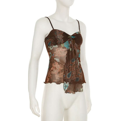Ruffle v neck flower print mesh cami top
