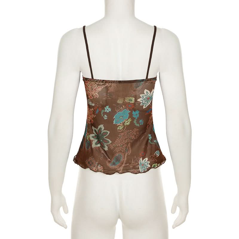 Ruffle v neck flower print mesh cami top