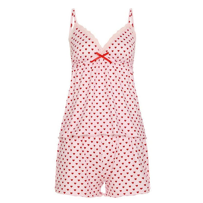 Bowknot lace hem v neck heart print cami pant set