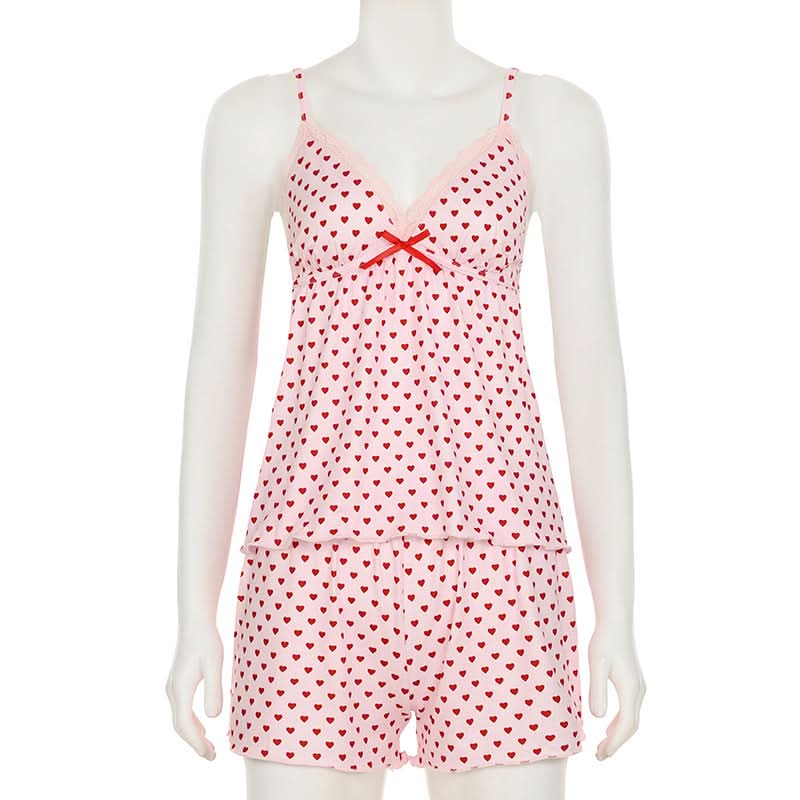 Bowknot lace hem v neck heart print cami pant set