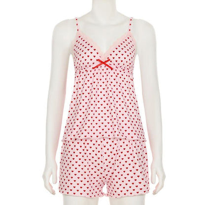 Bowknot lace hem v neck heart print cami pant set