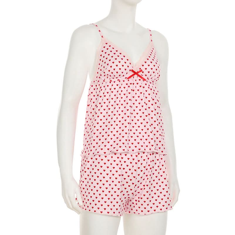 Bowknot lace hem v neck heart print cami pant set
