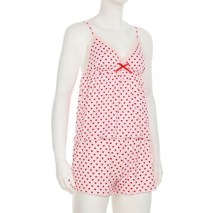 Bowknot lace hem v neck heart print cami pant set