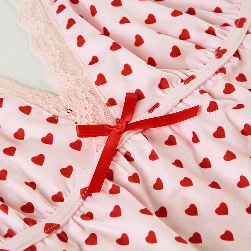 Bowknot lace hem v neck heart print cami pant set