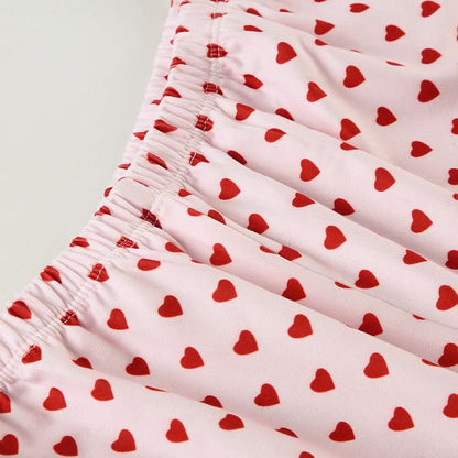 Bowknot lace hem v neck heart print cami pant set