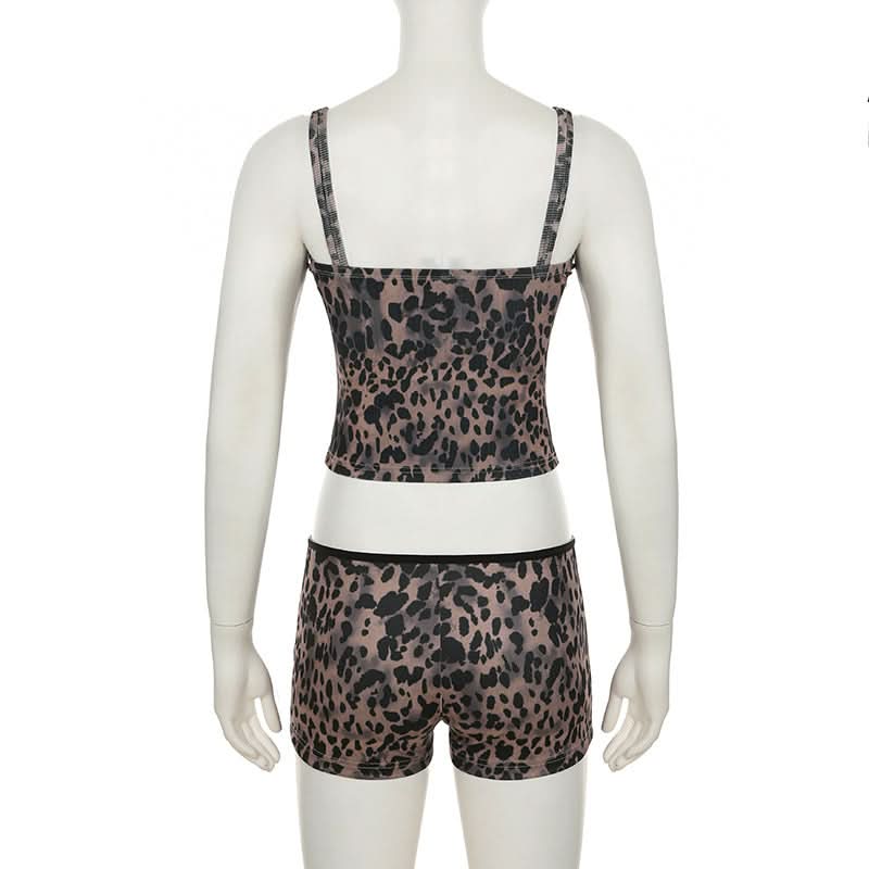 Leopard print u neck ribbed backless cami pant set