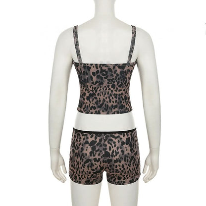 Leopard print u neck ribbed backless cami pant set