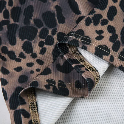 Leopard print u neck ribbed backless cami pant set