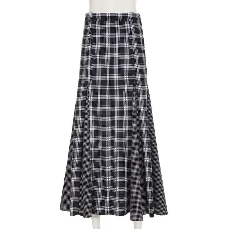 Plaid patchwork contrast zip-up maxi skirt