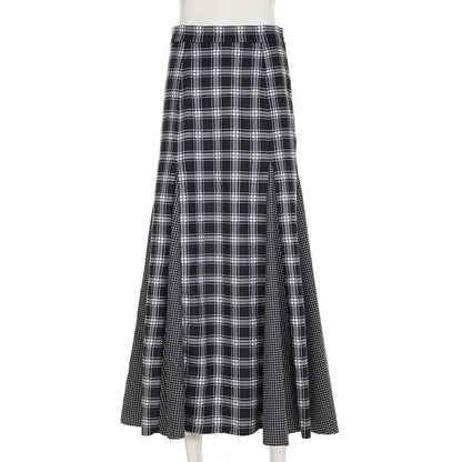 Plaid patchwork contrast zip-up maxi skirt
