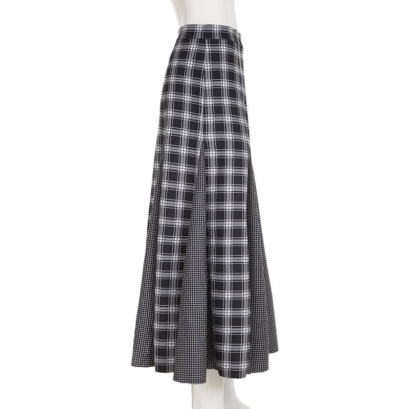 Plaid patchwork contrast zip-up maxi skirt