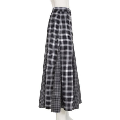 Plaid patchwork contrast zip-up maxi skirt