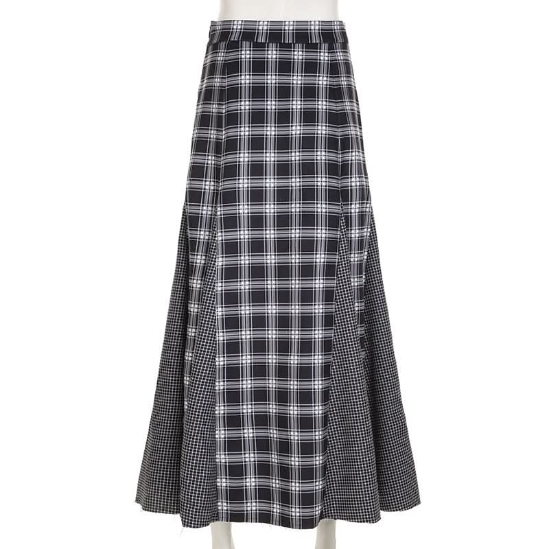 Plaid patchwork contrast zip-up maxi skirt