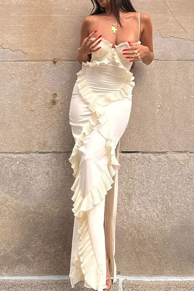 Sexy Solid Color Patchwork Ruffle V Neck Sling Dresses