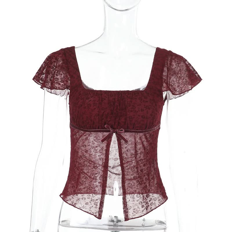 Cap sleeve square neck lace bowknot crop top