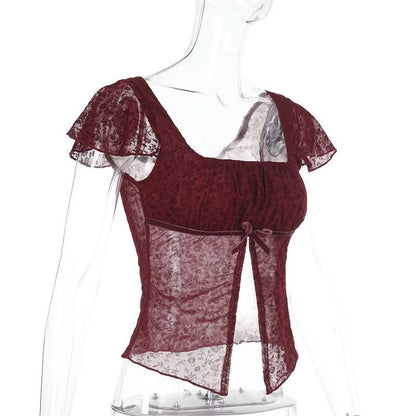 Cap sleeve square neck lace bowknot crop top